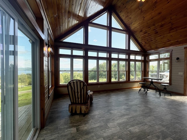 sunroom / solarium with wood ceiling and vaulted ceiling