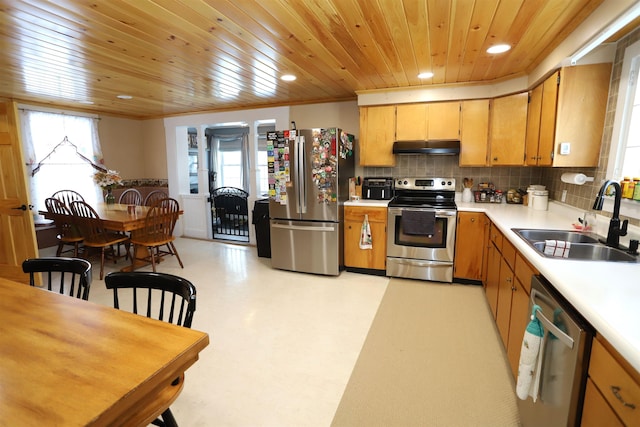 kitchen featuring wooden ceiling, under cabinet range hood, stainless steel appliances, a sink, and light floors