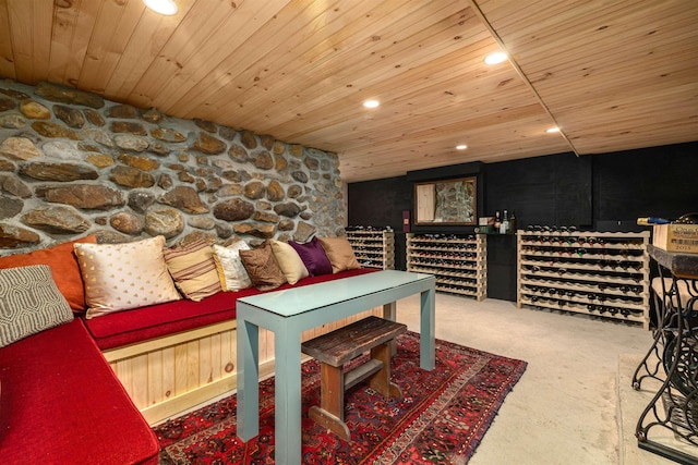 wine cellar featuring wooden ceiling and recessed lighting