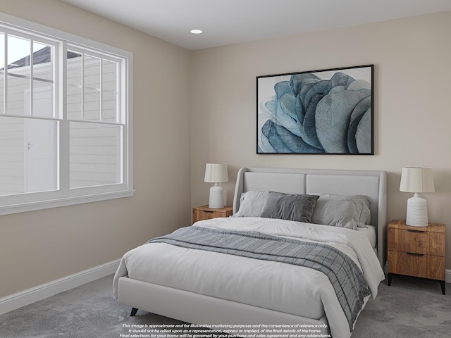 bedroom featuring carpet floors, recessed lighting, and baseboards