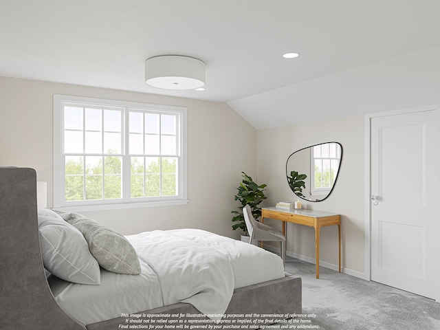 bedroom with carpet, lofted ceiling, baseboards, and recessed lighting