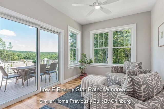 sunroom featuring ceiling fan