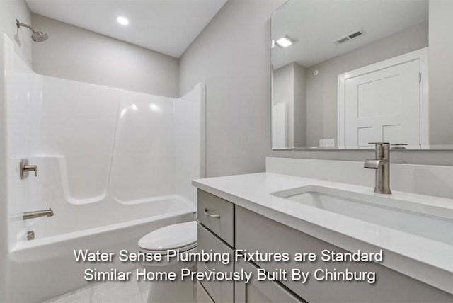 full bathroom featuring tile patterned flooring, vanity, toilet, and shower / washtub combination