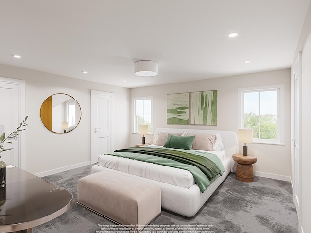 bedroom with baseboards, multiple windows, and dark carpet