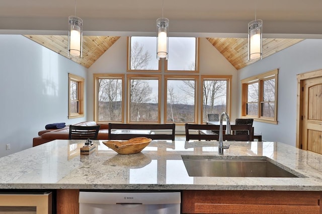 kitchen featuring stainless steel dishwasher, wine cooler, a sink, and wood ceiling