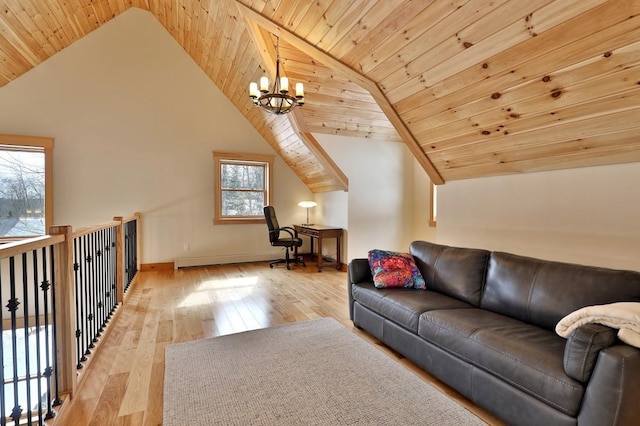 living area featuring baseboards, wood ceiling, light wood-style floors, high vaulted ceiling, and a notable chandelier