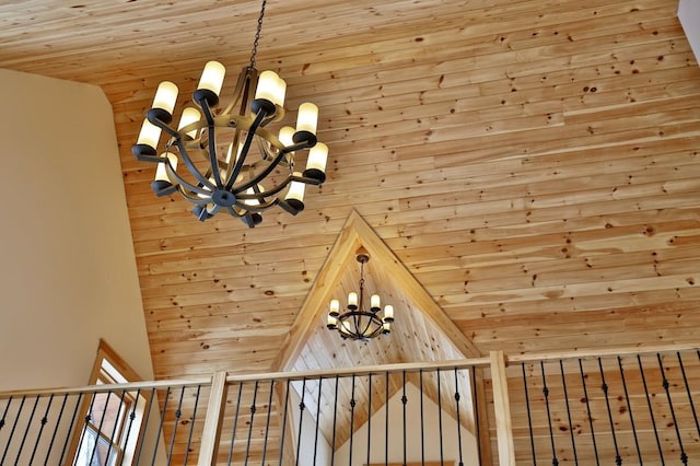 interior details with wood ceiling and a chandelier