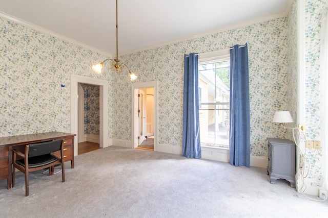 carpeted dining space with ornamental molding and wallpapered walls