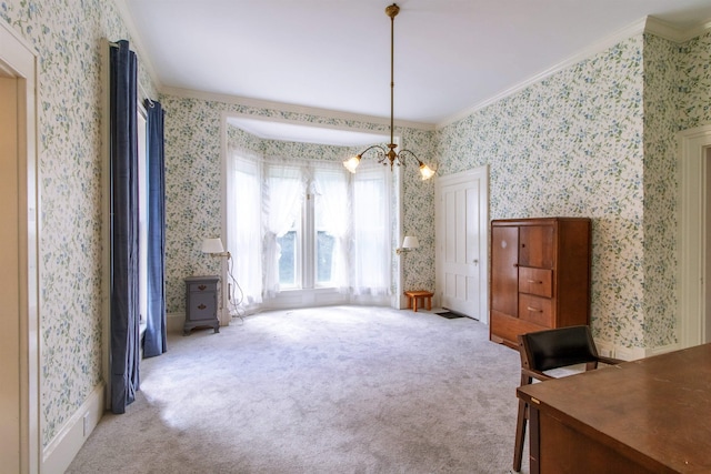 interior space with ornamental molding, a chandelier, and wallpapered walls