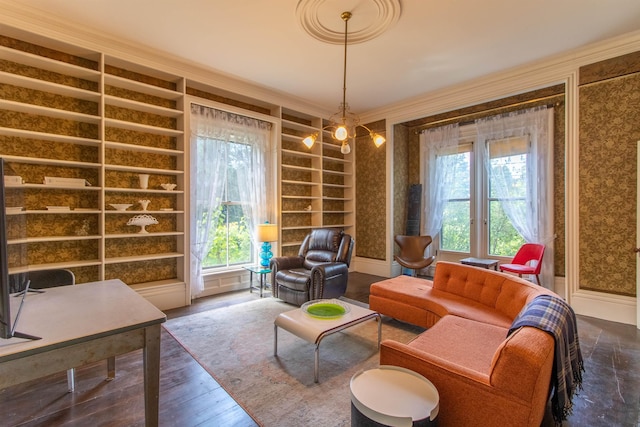 living area featuring wallpapered walls, dark wood-style flooring, and a wealth of natural light