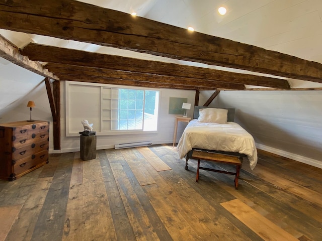 bedroom featuring vaulted ceiling with beams, baseboard heating, and dark hardwood / wood-style flooring