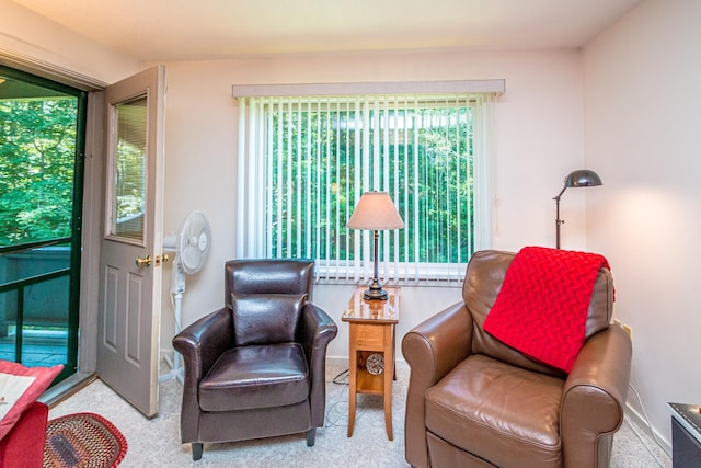 sitting room with light colored carpet