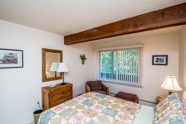 bedroom with a baseboard radiator, a textured ceiling, and beamed ceiling