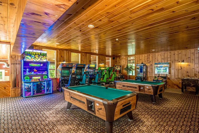 rec room with billiards, wood walls, and wood ceiling