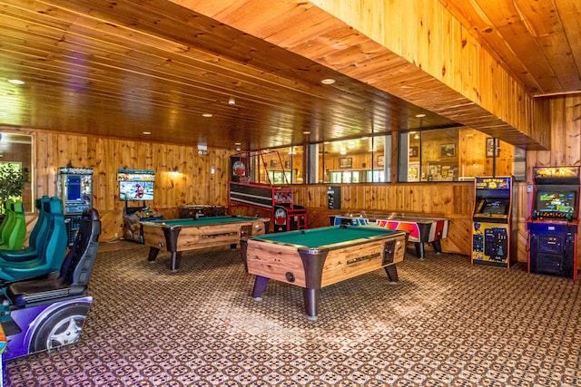 rec room featuring billiards, wood walls, and wood ceiling