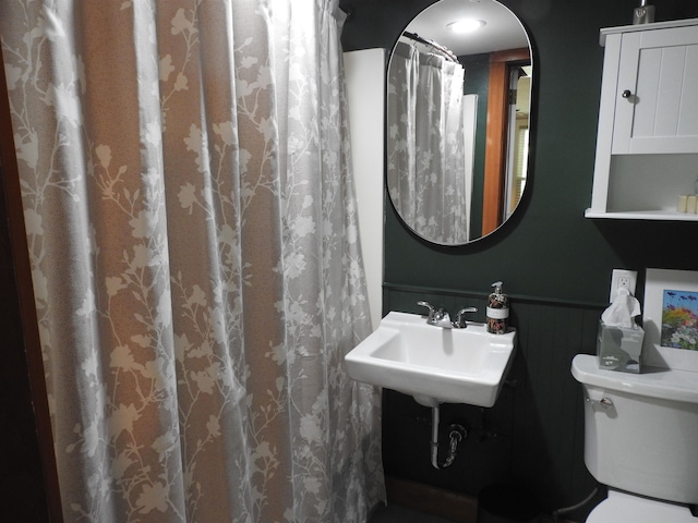 bathroom with wood walls, toilet, and sink