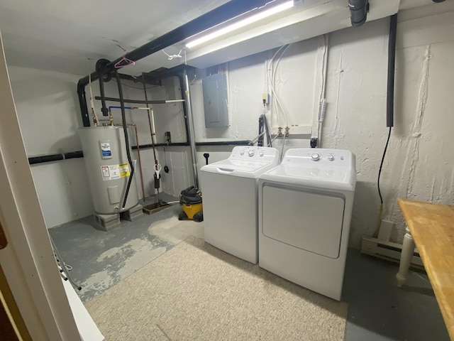 laundry area featuring electric panel, laundry area, washing machine and dryer, and water heater