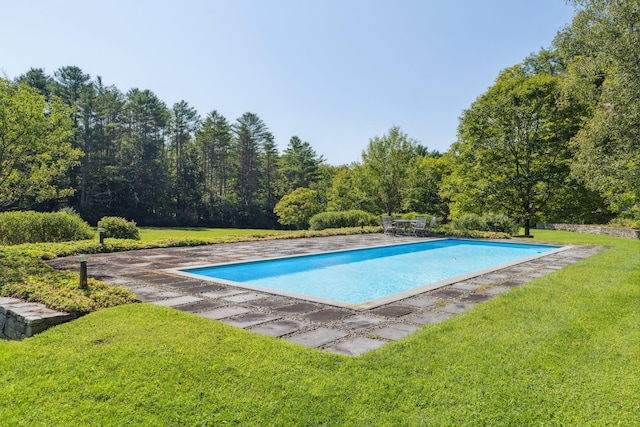 view of pool featuring a lawn