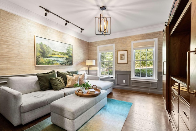 living area with wood finished floors, a wainscoted wall, ornamental molding, a barn door, and a notable chandelier