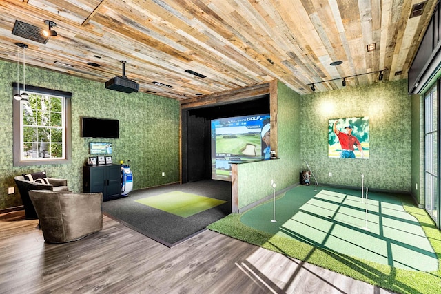 playroom featuring visible vents, track lighting, golf simulator, wood ceiling, and wood finished floors