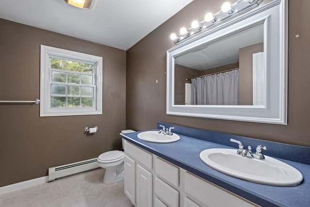 bathroom with vanity, toilet, and baseboard heating