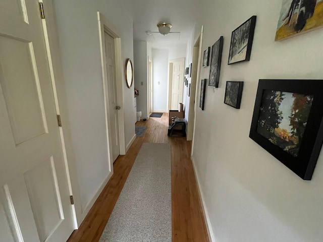 hall with baseboards and wood finished floors