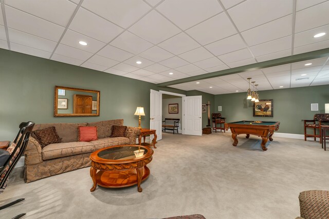 game room featuring carpet flooring, pool table, and a drop ceiling