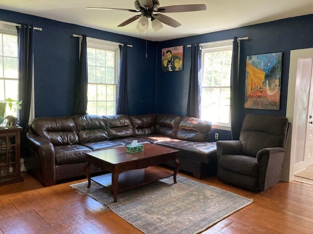 living room featuring ceiling fan and hardwood / wood-style floors