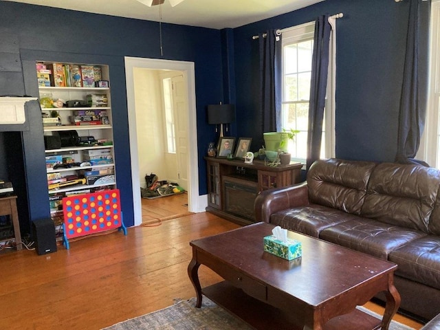 living room with ceiling fan and hardwood / wood-style flooring