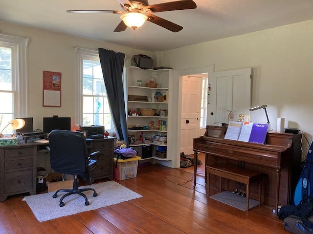 office area featuring hardwood / wood-style flooring and ceiling fan