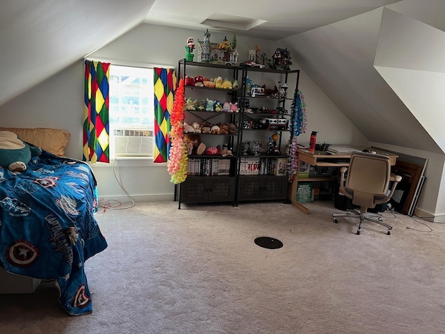 carpeted bedroom with cooling unit and vaulted ceiling