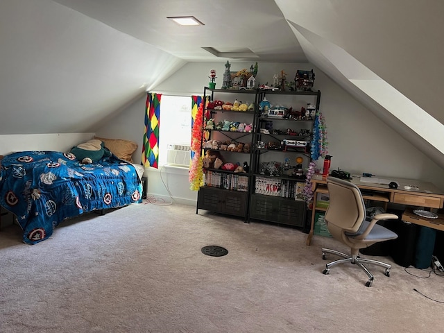 bedroom with lofted ceiling, cooling unit, and carpet floors