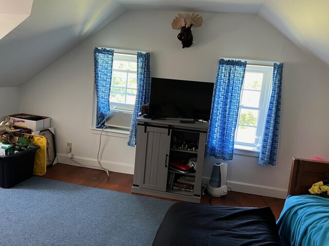 interior space featuring vaulted ceiling and dark hardwood / wood-style floors