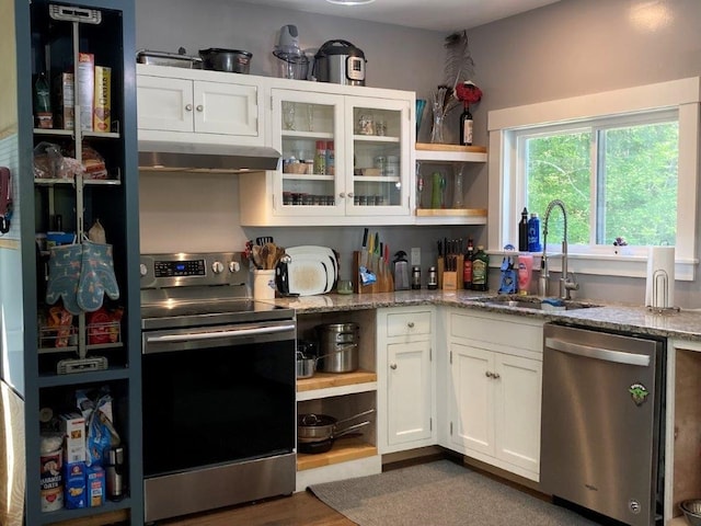 kitchen featuring dark hardwood / wood-style flooring, appliances with stainless steel finishes, sink, light stone counters, and white cabinets