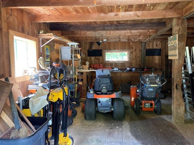 garage featuring wood walls