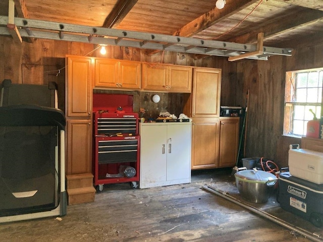 garage featuring wooden ceiling and wooden walls