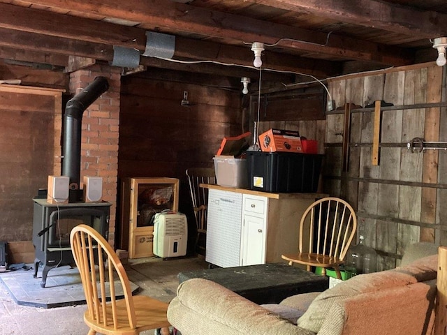 basement with a wood stove