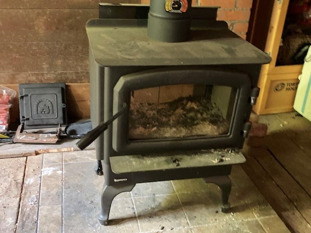 interior details with a wood stove