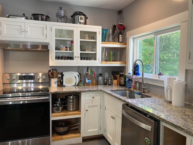 kitchen featuring white cabinets, light stone countertops, stainless steel appliances, and sink