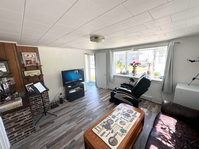 living room with baseboard heating and hardwood / wood-style floors