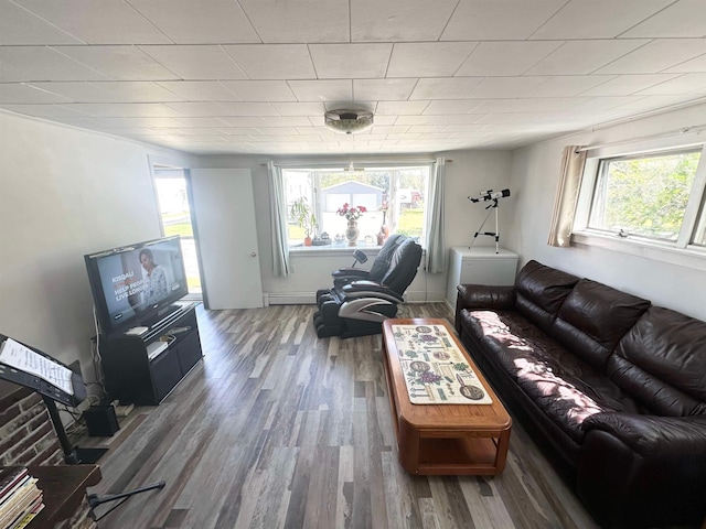 living room with a baseboard heating unit and hardwood / wood-style flooring