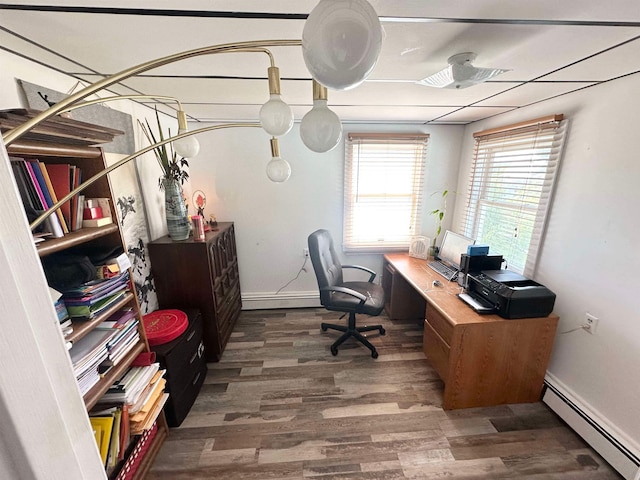 office space featuring a baseboard radiator and dark hardwood / wood-style floors