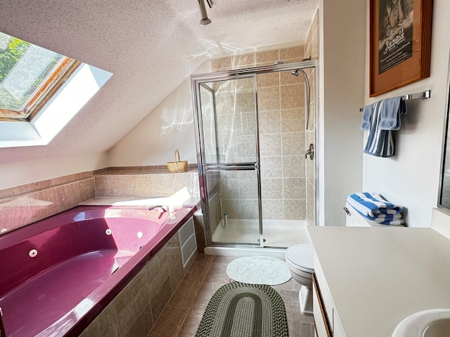 full bathroom with toilet, vaulted ceiling with skylight, plus walk in shower, and a textured ceiling