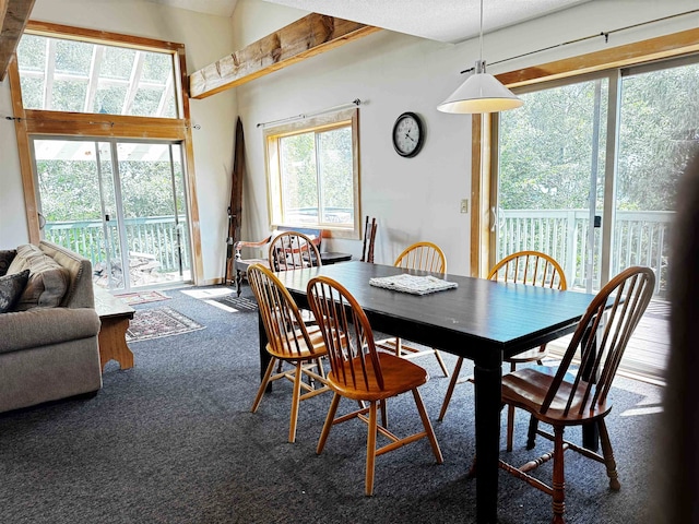 dining room with dark carpet