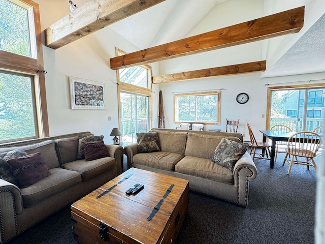 living room featuring beam ceiling, high vaulted ceiling, and carpet