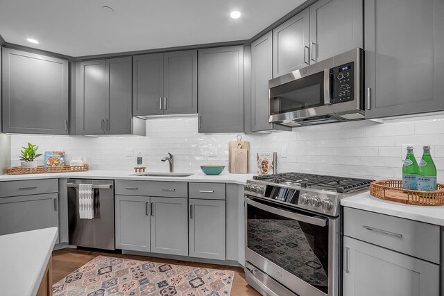 55 Pointe Pl # 106, Dover, NH 03820 - kitchen featuring a sink, light countertops, gray cabinets, and stainless steel appliances