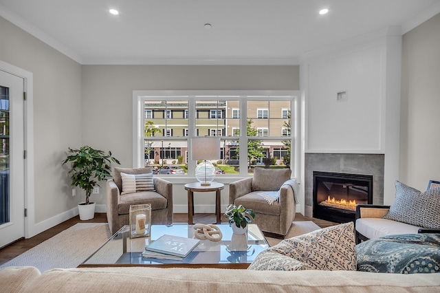 55 Pointe Pl # 106, Dover, NH 03820 - living area featuring baseboards, ornamental molding, recessed lighting, a fireplace, and wood finished floors