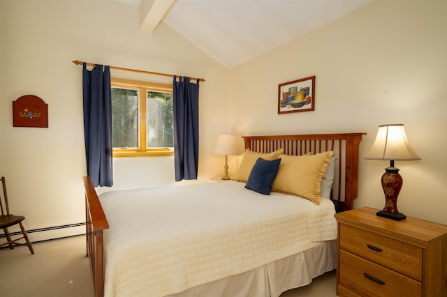 bedroom with carpet flooring, baseboard heating, and lofted ceiling with beams