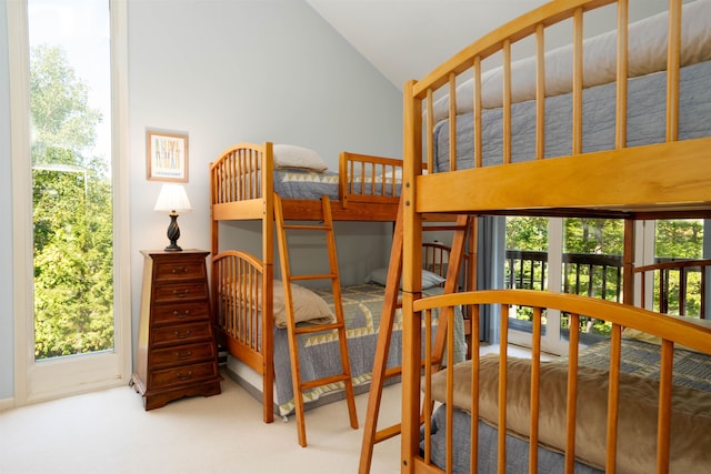 carpeted bedroom featuring multiple windows and lofted ceiling