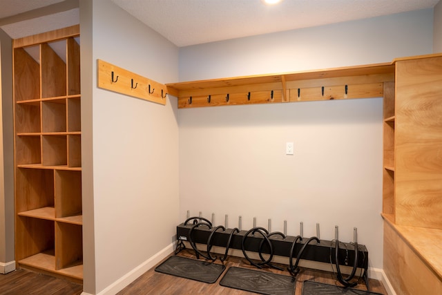 mudroom featuring dark hardwood / wood-style flooring and a textured ceiling